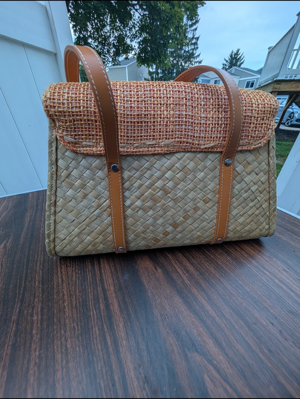 Woven Straw Crossbody Bag with Tan Trim